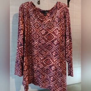 Erica 2X Maroon and Pink Studded Geometric Long Sleeve Top #285